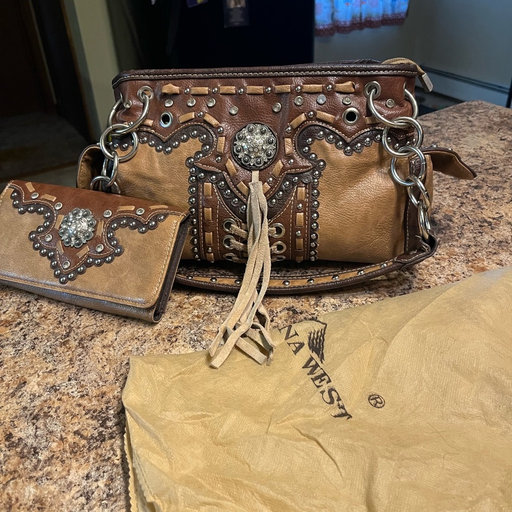 Montana West Brown Shoulder Bag and wallet with Western Embellishments